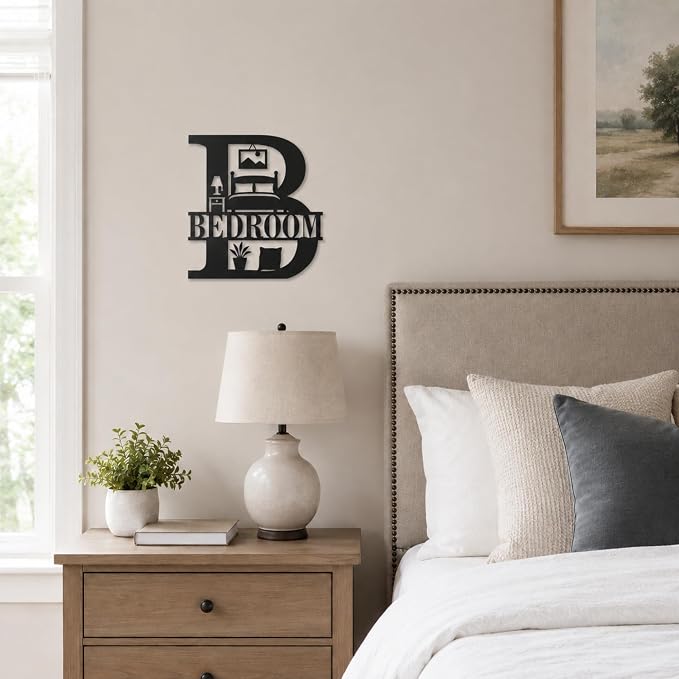Bedroom Metal Wall Decor, Modern Farmhouse Room Sign, 14 Inch | 14-inch matte black metal BEDROOM sign with pre-drilled holes for bedrooms, guest rooms, dorms, and modern farmhouse decor. - Image 7