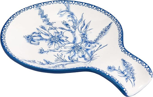 Bico Blue Garden Toile De Jouy Spoon Rest for Stove Top, Ceramic Spoon Holder for Kitchen Counter, Easy to Clean Coffee Spoon Rest Dishwasher Safe, Kitchen Cooking Utensil Rest for Ladles Spatula by Bico
