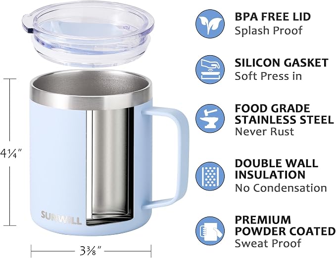 SUNWILL Travel Coffee Mugs Set of 4, Insulated Tumbler with Lid, 14 oz Stainless Steel Cup with Handle Bulk for Gift, Camping, Office, Powder Coated Orchid, Iceberg, Mint, Sakura - Image 2