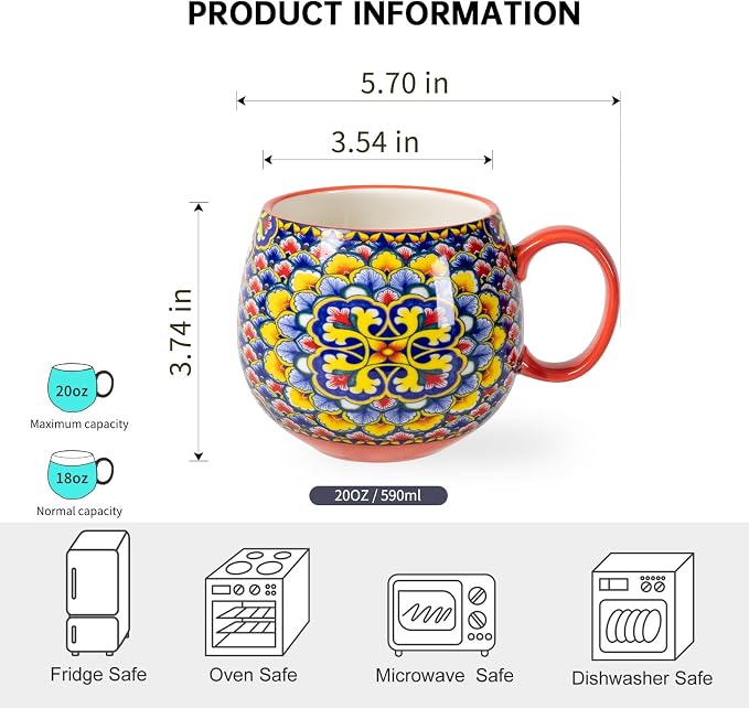 HENXFEN LEAD Large Boho Ceramic Coffee Mugs Set of 6, 20 oz | Assorted Patterns, Ideal for Coffee, Tea, Latte & Hot Cocoa, Microwave & Dishwasher Safe, Lead-Free Glaze - Image 2