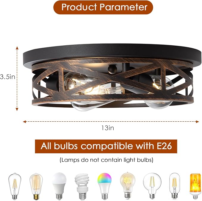 3-Light Industrial Farmhouse Flush Mount Ceiling Light, 13 Inch Rustic Round Cage Close to Ceiling Light Fixture, E26 Base, Indoor House Lighting for Kitchen, Bedroom, Black and Gold - Image 5