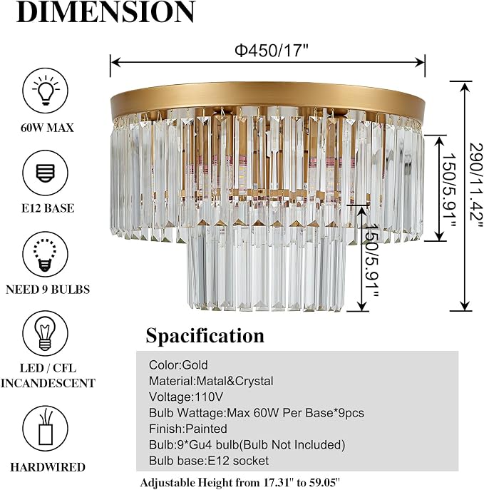 17" 9 Light Gold Crystal Ceiling Light for Dining Room | K9 Crystal, 2 Tier, E12 Base, Adjustable Color Temperature, Flush Mount, for Kitchen Island Living Room Bedroom Entryway - Image 2