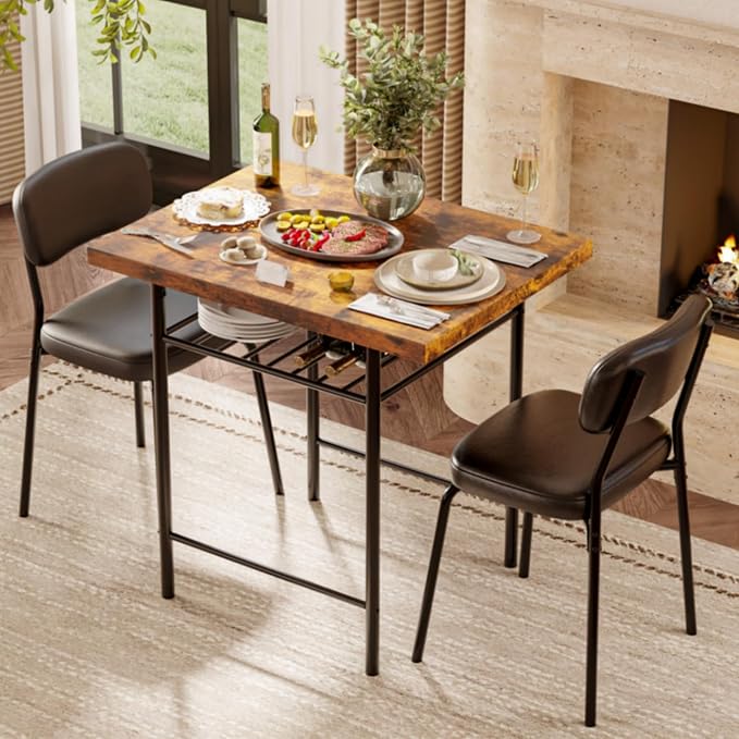 VINGLI Dining Table Set for 2, Small Kitchen Table Set with Upholstered Chairs, 3-Piece Dining Set with Storage Rack, Wood Dining Room Set with Metal Legs for Small Spaces, Living Room, Rustic Brown by VINGLI
