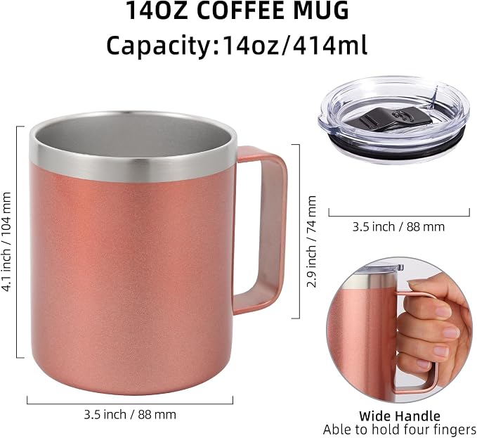 Volhoply 14oz Insulated Stainless Steel Coffee Mug with Lid Bulk 4 Pack,Double Wall Vacuum Travel Coffee Cup with Handle,Reusable Cups Tumbler Cup,Camping Mugs Keep Hot,Ideal Gifts(Rose Gold,4) - Image 2