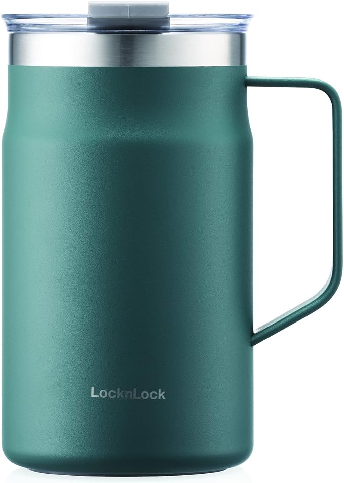LocknLock Metro Mug, Premium 18/8 Stainless Steel Metal, Double Wall Insulated, Portable Coffee Cup with Lid and Handle for Hot and Cold Drinks, Dark Green, 20 oz by LocknLock