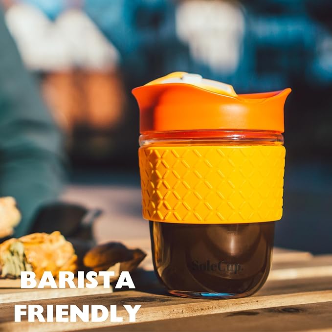 Reusable Strengthened Glass Travel Cup - Spill Proof Insulated Coffee Mug - 12oz/340ml BPA-Free Hot Drink Travel Mug with Lid & Silicone Band (Ice Cream, 12oz)
