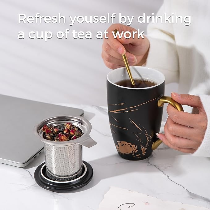 AmorArc Ceramic Tea Cup with Infuser and Lid, 17 Oz, Ceramic Cup with Handle for Steeping Loose Leaf Teas, Steeping Tea Mug with Strainer, Black
