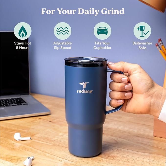 REDUCE 24 oz Hot1 Vacuum Insulated Mug for Hot Tea, Coffee and Other Hot Drinks - With Flo-Motion Lid and Handle, Single-Serve and Cupholder Friendly, Keeps Drinks Hot for up to 8 Hrs, Java - Image 3