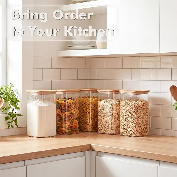 3.4Qt Large Glass Flour Sugar Storage Container with Bamboo Lid | Wide Mouth Design, With Measuring Cup, Minimalist Kitchen Organizer,Scandinavian Style Storage,Nordic Style Storage - Image 5