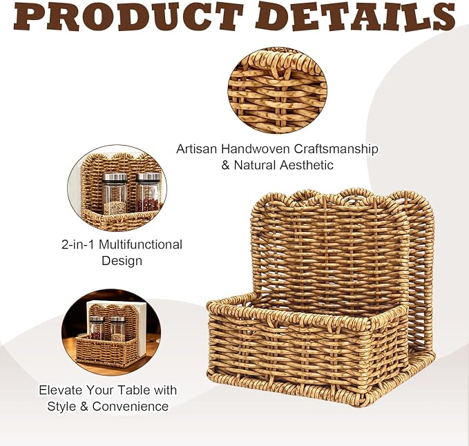 Plastic Rattan Scalloped Perimeter Napkin Holder for Table, Salt and Pepper Shakers Holder - Countertop Organizer for Rustic Room Decor (Without Salt, Pepper Shakers & Napkins) (Subdued Brown) - Image 3