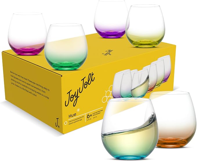 JoyJolt Hue Stemless Wine Glass Set, Large 15 oz Stemless Wine Glasses Set of 6 for White Red or Water, Short Glass Tumblers, No Stem Margarita Glasses, Colored Tumbler - Image 9