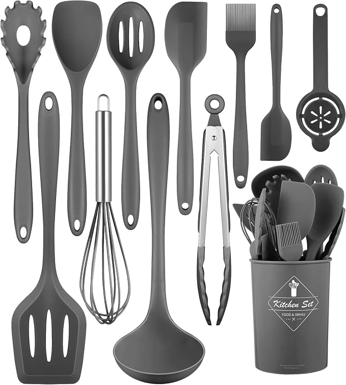 Gray Kitchen Utensils Set-12 Pieces Silicone Cooking Utensils Set | Dishwasher Safe 392°F Heat Resistant Spatula Set Kitchen Utensil Set for Nonstick Cookware,Best Kitchen Tools with Holder by Pranski