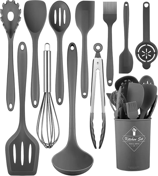 Gray Kitchen Utensils Set-12 Pieces Silicone Cooking Utensils Set | Dishwasher Safe 392°F Heat Resistant Spatula Set Kitchen Utensil Set for Nonstick Cookware,Best Kitchen Tools with Holder by Pranski