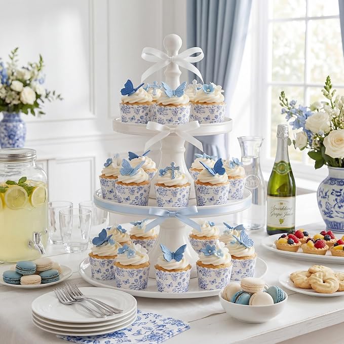 Qinyoung 150 Pcs Blue Floral Cupcake Wrappers Liners Blue White Chinoiserie Wildflower Paper Baking Cups Disposable French Vintage Cupcake Muffin Cases for Wedding Baby Shower Birthday Tea Party Decor - Image 7