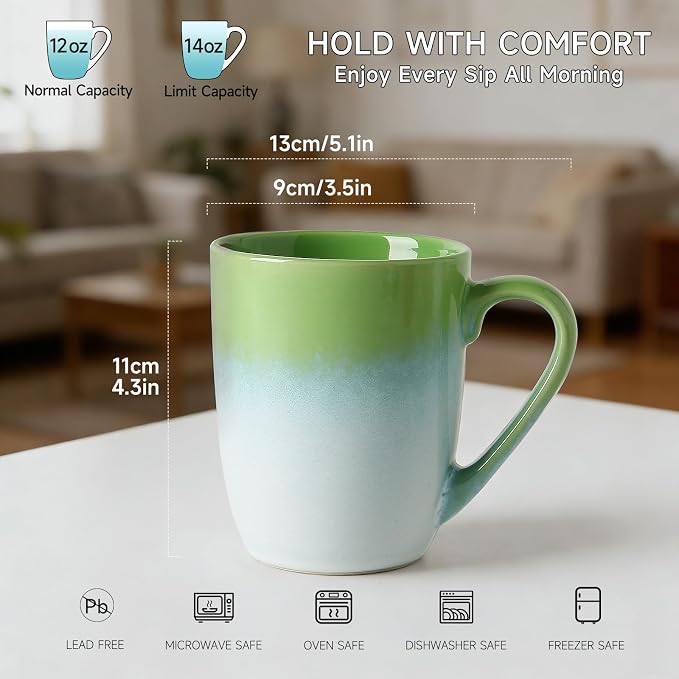 MONITO 14 OZ Coffee Mugs Set of 6, Large Ceramic Blue Coffee Mugs Set with handle for Tea/Latte/Milk/Cocoa, Funny Tea Cups for Office and Home, Engagement Gifts. (White-green) - Image 3