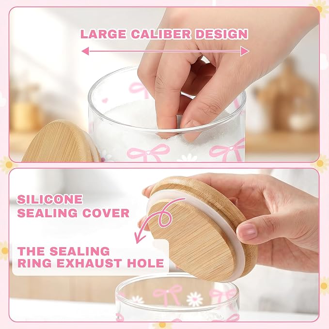 Pink Bow Glass Storage Jars with Lids, Candy Cookie Jars, 3 Pcs | Pink Bow Cute Preppy Kitchen Canister Set for Women Girls Cute Kitchen Counter Decor Airtight Candy Cookie Containers - Image 5