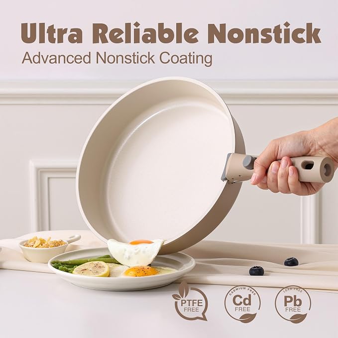 SENSARTE 17 Piece Ceramic Detachable Handle Pots and Pans Set Almond Beige | Ceramic Cookware Set, Induction Cookware Set with Removable Handle, Healthy Non Stick for RV, Dishwasher ＆ Oven Safe - Image 4