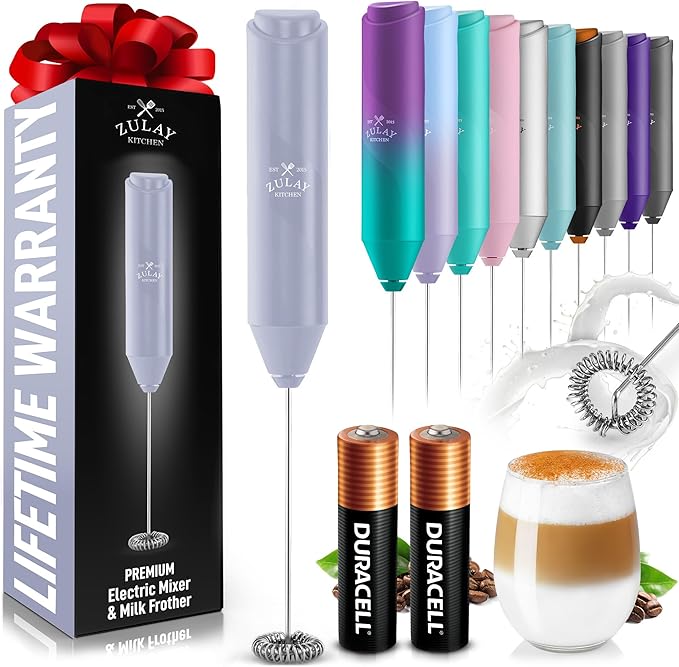 Zulay Kitchen Milk Frother Handheld with 2 Duracell AA Batteries – Electric Drink Mixer for Coffee, Lattes, Cappuccinos, Matcha & Hot Chocolate – Portable Foam Maker & Coffee Bar Accessory
