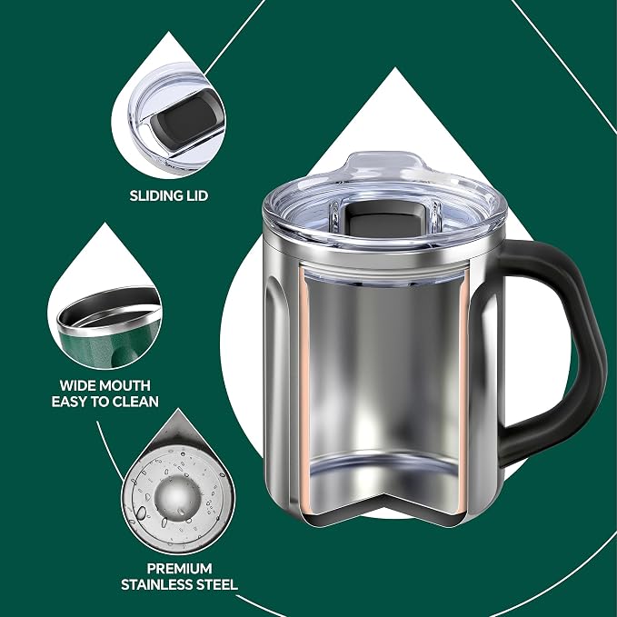 Ideus 16 oz Insulated Coffee Mug with Handle and Lid, Double Wall Stainless Steel Vacuum Thermal Coffee Mug, Travel Coffee Cup Thermal Cup for Home and Office, Deep Green-FUJI FLOW - Image 3