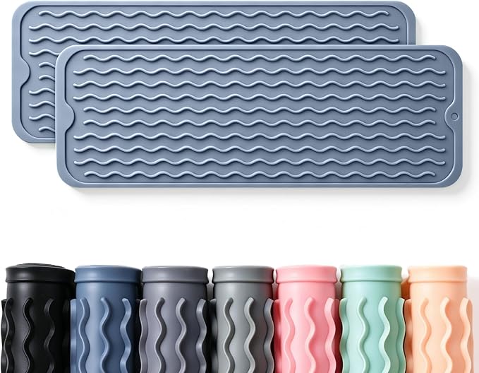 2 Pack Caketime Silicone Dish Drying Mat for Kitchen Counter Heat Resistant Multiple Usage Bathroom Countertop Uner Sink Area Faucet Drainer Organizer Must Haves 2026 Necessities 17inchx6inch Blue by CAKETIME