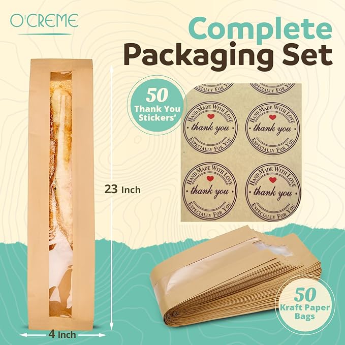 O’Creme 50 Pack Baguette Brown Paper Bag w/Clear Front Window, Bakery Storage Bags for Homemade and Long French Bread (23”x4”) Includes 50pcs Seal Stickers - Image 3