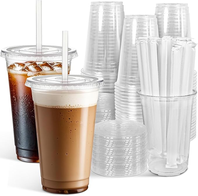 Ginkgo 100 Pack - 16 oz Clear Plastic Cups with Lids and Straws | Leak-Proof & Sturdy, Disposable Iced To Go Coffee Cups for Smoothie, Cold Beverages by HOME
