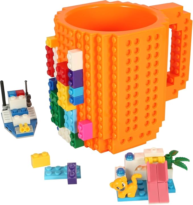 Lumsburry Build-on Brick Coffee Mug, Funny DIY Unique Novelty Drinking Cup | Building Blocks Creative Mug, for Men Women Kids Dad Mom, Present Exchange Ideas, Xmas Birthday White Elephant(Orange) by Lumsburry