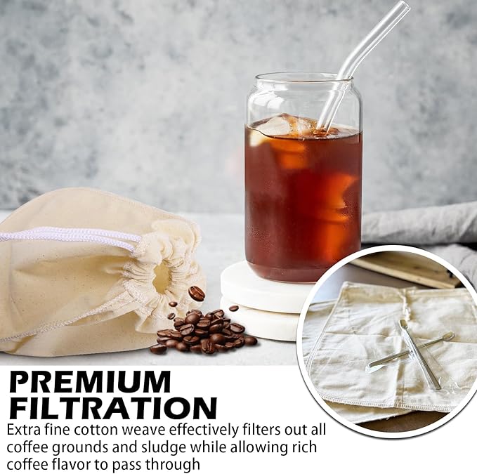 2 Pack Organic Cotton Cold Brew Coffee Filter Bags, Reusable with Drawstring, 8x12 Inch, for Pitchers, Mason Jars, Toddy Systems