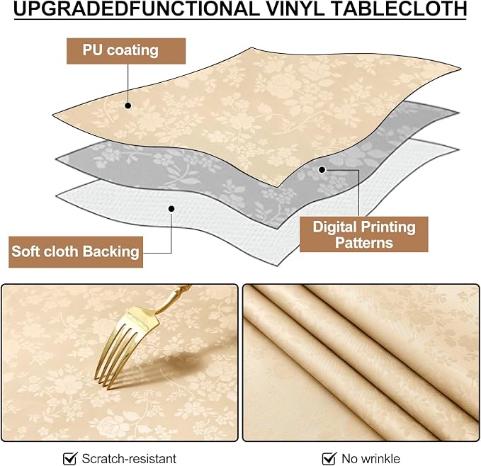 Smiry Rectangle Waterproof Heavy Duty Vinyl Tablecloths, 52 x 70 Inch | Wipeable Washable Floral Embossed Table Cover for Kitchen and Dining Room, Indoor & Outdoor Use, Champagne - Image 6