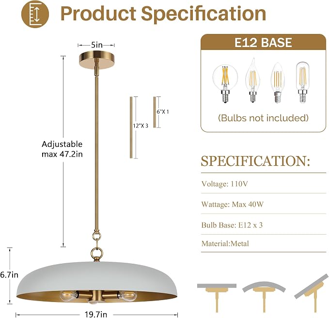 LamQee 20 Inch Oversized Large Pendant Lights, 3-Lights Gray and Gold Modern Dome Chandelier, Nordic Metal Pendant Lighting Fixture Ceiling Hanging for Kitchen Island, Dining Room Over Table, Bar - Image 6