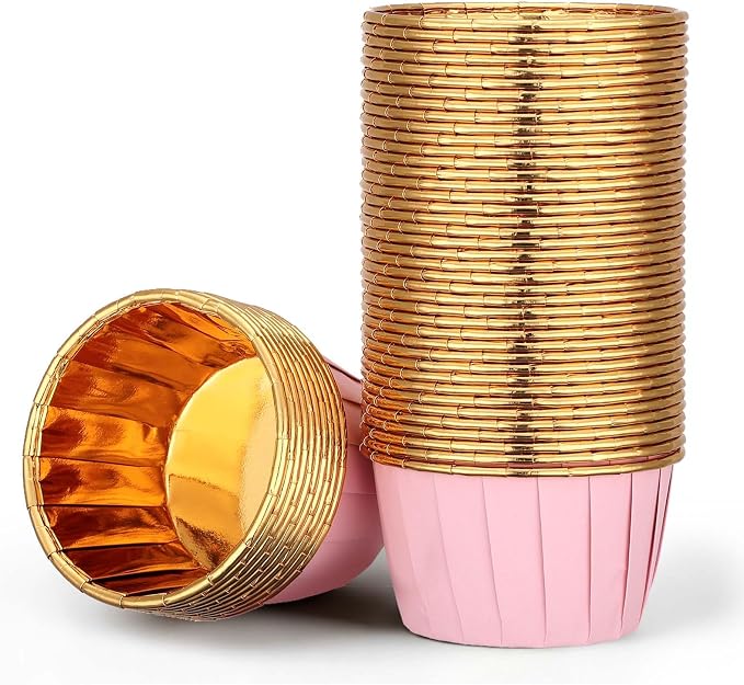 EUSOAR Cupcake Liners, 50pcs 3.5oz Aluminum Foil Wrappers Muffin Cupcake Containers, Disposable Dessert Ramekins Paper Baking Cups Mini Cheesecakes Holders for Birthday Wedding Party-Pink/Gold by EUSOAR