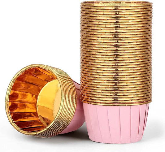 EUSOAR Cupcake Liners, 50pcs 3.5oz Aluminum Foil Wrappers Muffin Cupcake Containers, Disposable Dessert Ramekins Paper Baking Cups Mini Cheesecakes Holders for Birthday Wedding Party-Pink/Gold by EUSOAR