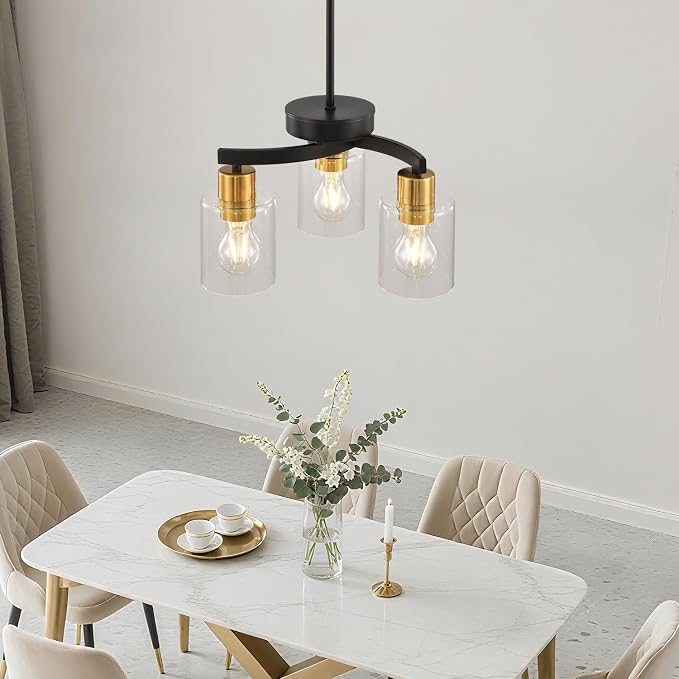 Black Brass Dining Room Chandelier, 3 Light Modern Industrial Pendant Light for Kitchen Island, Adjustable Height Ceiling Light with Clear Glass Shades,E26 Base,Dimmable - Image 8