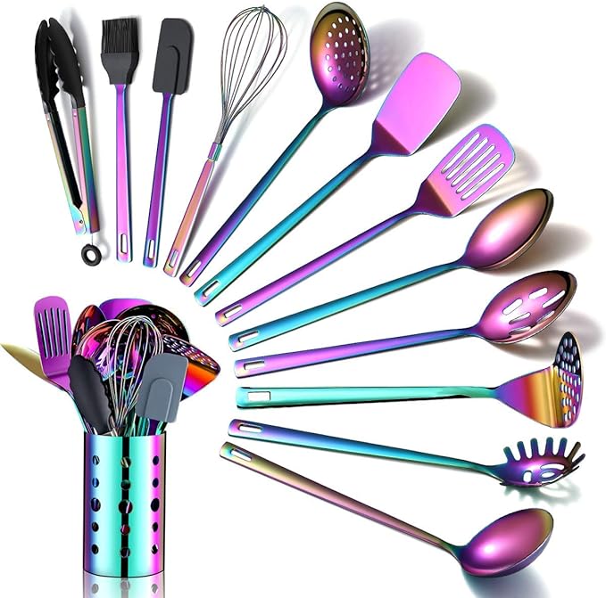 Rainbow Kitchen Utensils Set,13 Pieces Stainless Steel Cooking Utensils Set With Titanium Rainbow Plating,Kitchen Tools Set With Utensil Holder For Non-Stick Cookware Dishwasher Safe (13 Packs) by HOMQUEN