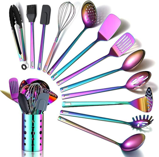 Rainbow Kitchen Utensils Set,13 Pieces Stainless Steel Cooking Utensils Set With Titanium Rainbow Plating,Kitchen Tools Set With Utensil Holder For Non-Stick Cookware Dishwasher Safe (13 Packs) by HOMQUEN