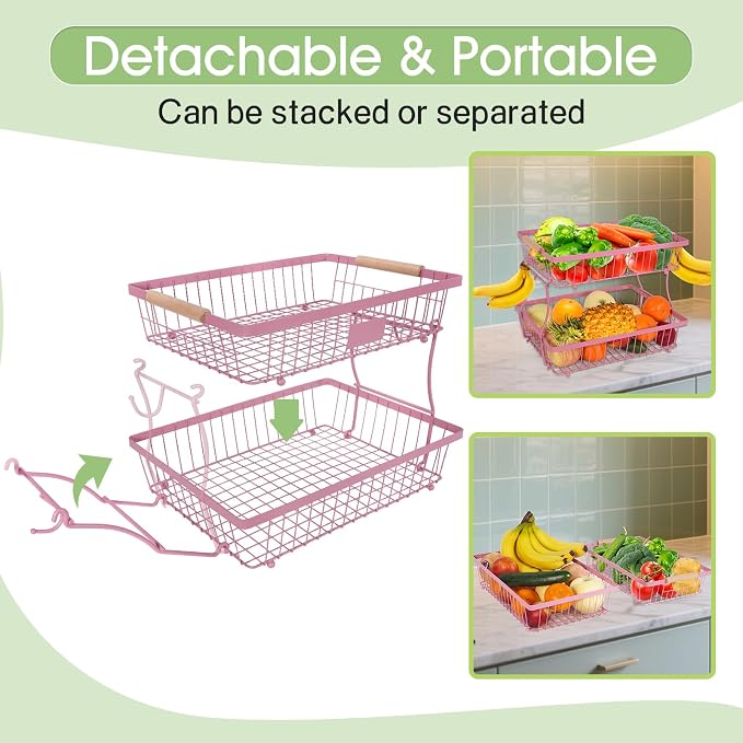 Fruit Basket Bowl 2 Tier Detachable with 2 Banana Hangers, Fruit Stand Holder for Kitchen Countertop, Metal Wire Vegetable Storage Organizer, for Bread Snack Veggies Produce, pink - Image 4