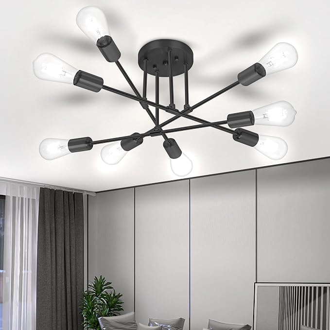 CANMEIJIA Sputnik Light Fixture, 8-Lights Black Sputnik Chandelier, Modern Ceiling Lights, Semi Flush Mount Ceiling Lights Fixture for Bedroom, Dining Room, Kitchen, E26 Base, Bulbs Not Included by CANMEIJIALighting