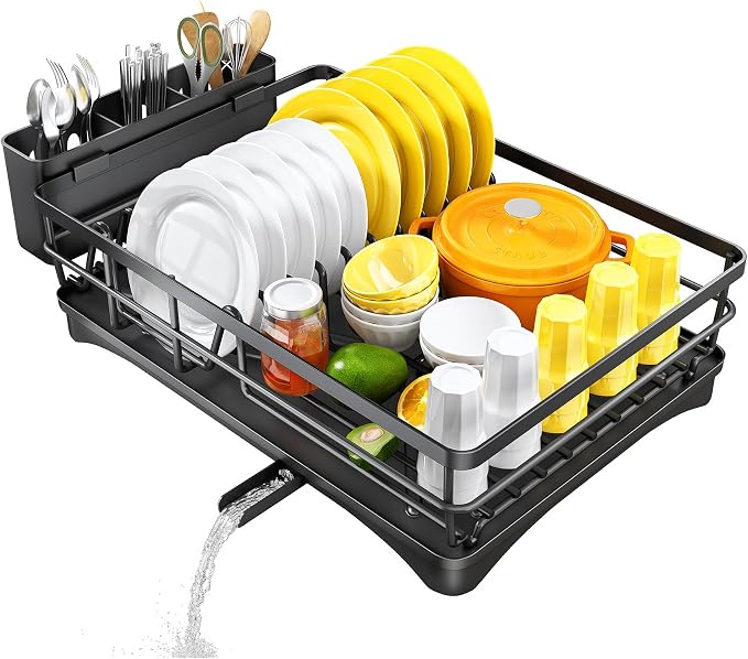 SNTD Dish Drying Rack for Kitchen Counter, 11.8" W x 16.7" L, Black | Rustproof Stainless Steel, Large Capacity, Self-Draining Drainboard, Rotating Spout, Removable Utensil Holder - Image 9