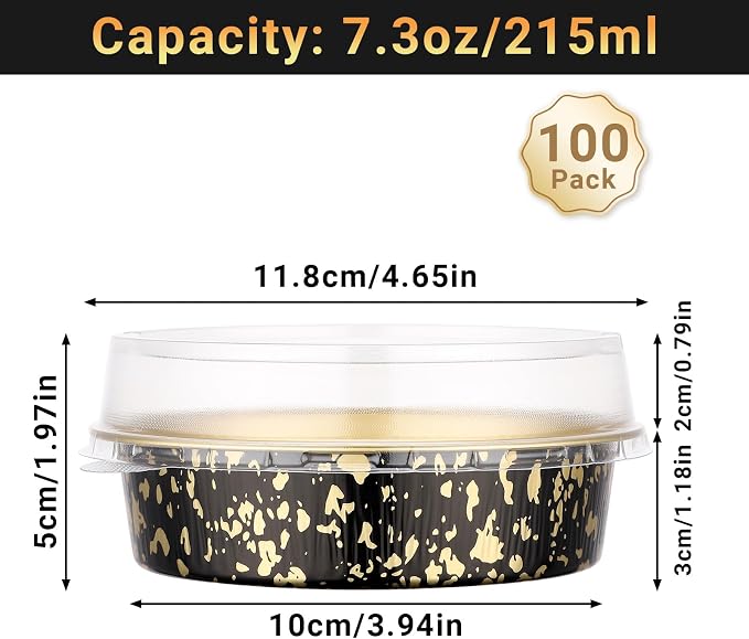 Beasea Mini Ramekins with Lids, 100 Pack 7.3oz Disposable Aluminum Tart Pie Baking Tins Pans, 4 Inch Small Individual Cheesecake Tart Containers Oven Baking Dishes for Party - Black Gold Speckles - Image 2