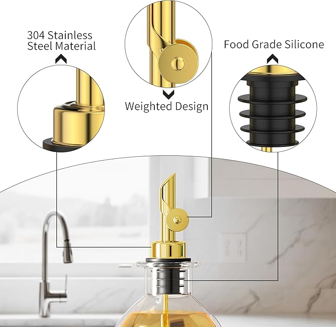 Auto Flip Liquor Pour Spouts 2-Pack, Leak-Proof 304 Stainless Steel Wine Pourer & Olive Oil Dispenser with Food-Grade Silicone for Kitchen, Bar, Restaurant (Gold)