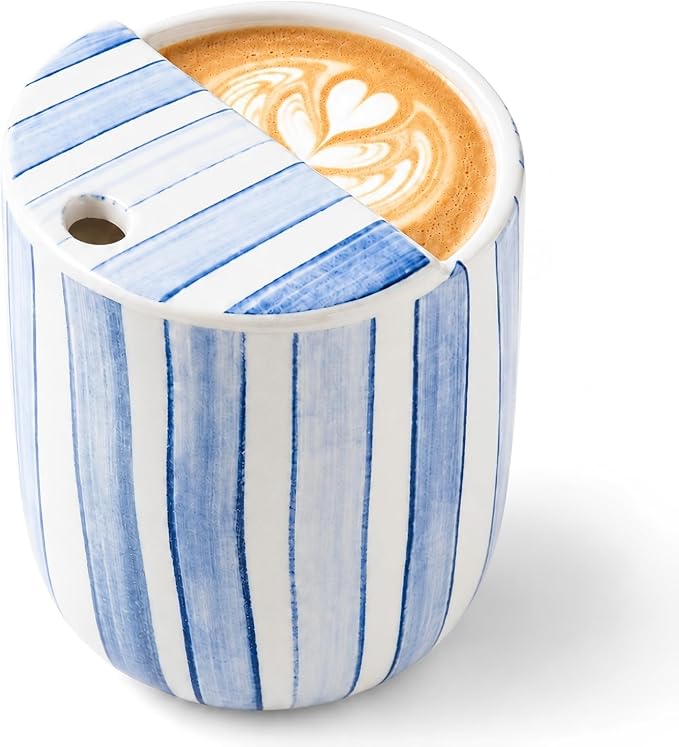 Ceramic Mug with Sip Hole 10 oz Novelty Blue Striped Ceramic Ice Coffee Mug Hand Painted Travel Mugs Heat Resistant Non Slip Built in One Lid Mugs for Coffee Lovers Appreciation Gift by Ferrochef