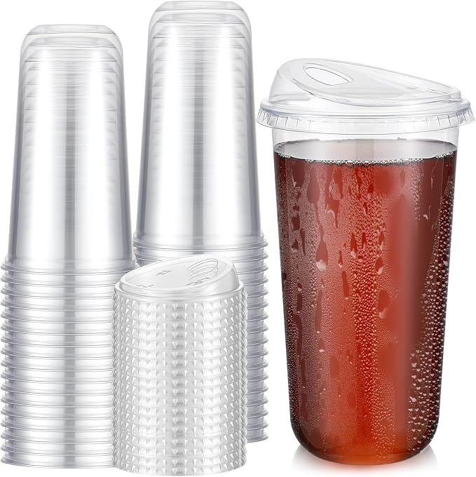 Ziliny 50 Sets Clear Plastic Coffee Cups with Sip Lids, Disposable Plastic PET Crystal Cups for Iced Coffee, Smoothie, Cold Beverage, Drink Shops and Party Catering(Clear,20 oz) by Ziliny
