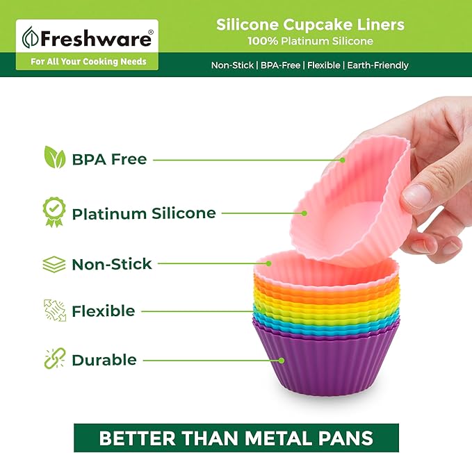 Freshware 12-Pack Silicone Standard Round Reusable Cupcake and Muffin Baking Cup, Six Vibrant Colors