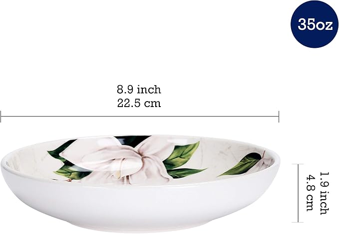Bico Magnolia Floral Pasta Bowls, 35oz Salad Bowl Set of 4, Large Ceramic Serving Dinner Bowls for Soup and Cereal, Microwave and Dishwasher Safe, Gift for Housewarming and Thanksgiving - Image 2