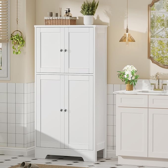 TEENFON Bathroom Floor Storage Cabinet, Freestanding Bathroom Storage Unit with 2 Adjustable Shelves & 4 Doors, White - Image 6