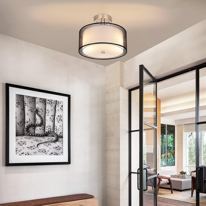 FOLKSMATE Semi Flush Mount Ceiling Light Fixture, 3-Light Drum Light with Double Fabric Shade, Modern Black Close to Ceiling Lighting for Living Room, Bedroom, Dining Room, Kitchen, Hallway, Entry - Image 6