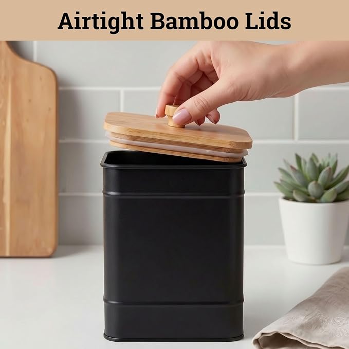 Kitchen Canisters for Countertop Set of 3 w/ Chalkboard Labels & Marker Pen | Airtight Easy Open Bamboo Lids, Dent-Resistant Thick Metal, Customizable Chalkboard Labels, Marker Pen Included, Set of 3 - Image 4