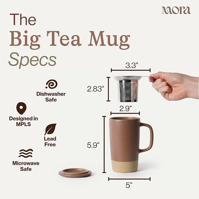 MORA Ceramics Large Tea Mug with Loose Leaf Infuser and Ceramic Lid, 18 oz, Portable, Microwave, Dishwasher Safe, Tall Coffee Cup - Rustic Matte Ceramic Glaze, Modern Herbal Tea Strainer, Terracotta - Image 2