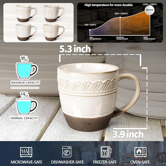 Artena Ceramic Coffee Mugs Set of 4, 16oz Embossed Large Latte Mugs Coffee Cups with Handle for Tea, Latte, Cappuccino & Cocoa, Milk Dishwasher & Microwave Safe, White (Willow Leaf) - Image 2