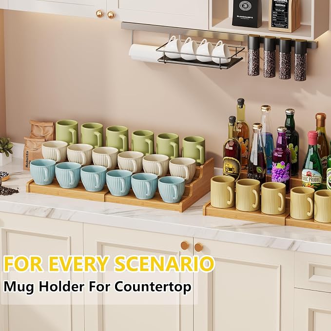 Hongtamoya 3-Tier Expandable Bamboo Mug Holder For Countertop Coffee Cup Holder Display Mug Organizer Mug Rack for Coffee Bar Organizer Mug Shelf for Cabinet for Kitchen, Home - Image 7